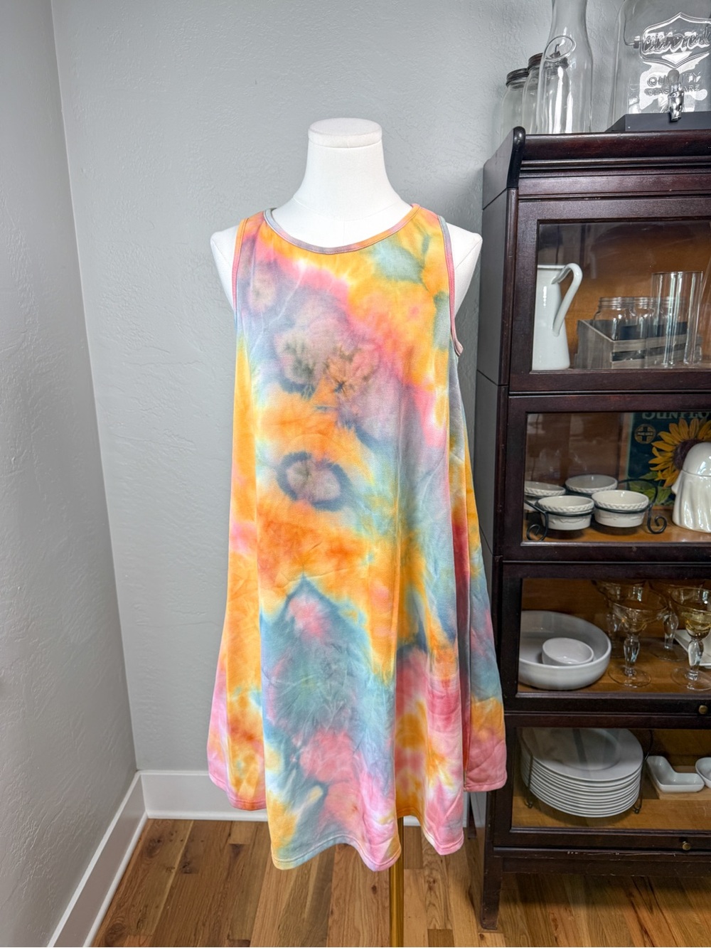 BomBom Boho Bright Color Tie Dye Sleeveless Swing Cover Up Dress Size L